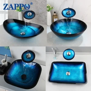Tempered Glass Bathroom Vessel Sink with Waterfall Black Faucet
